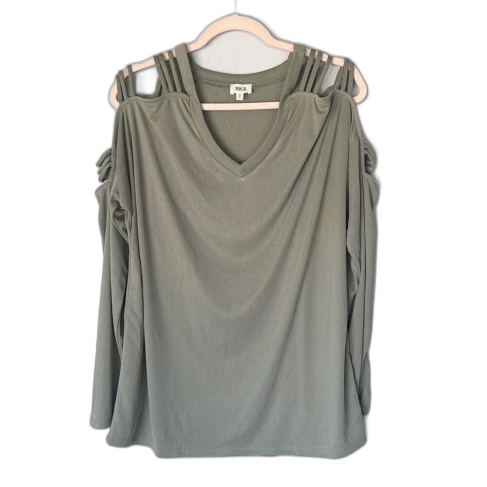 BKE olive green cold shoulder top, size M